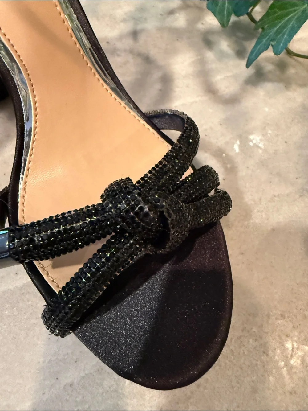 Jewel Badgley Mischka Black Satin Embellished Block Heel Sandals Size 5